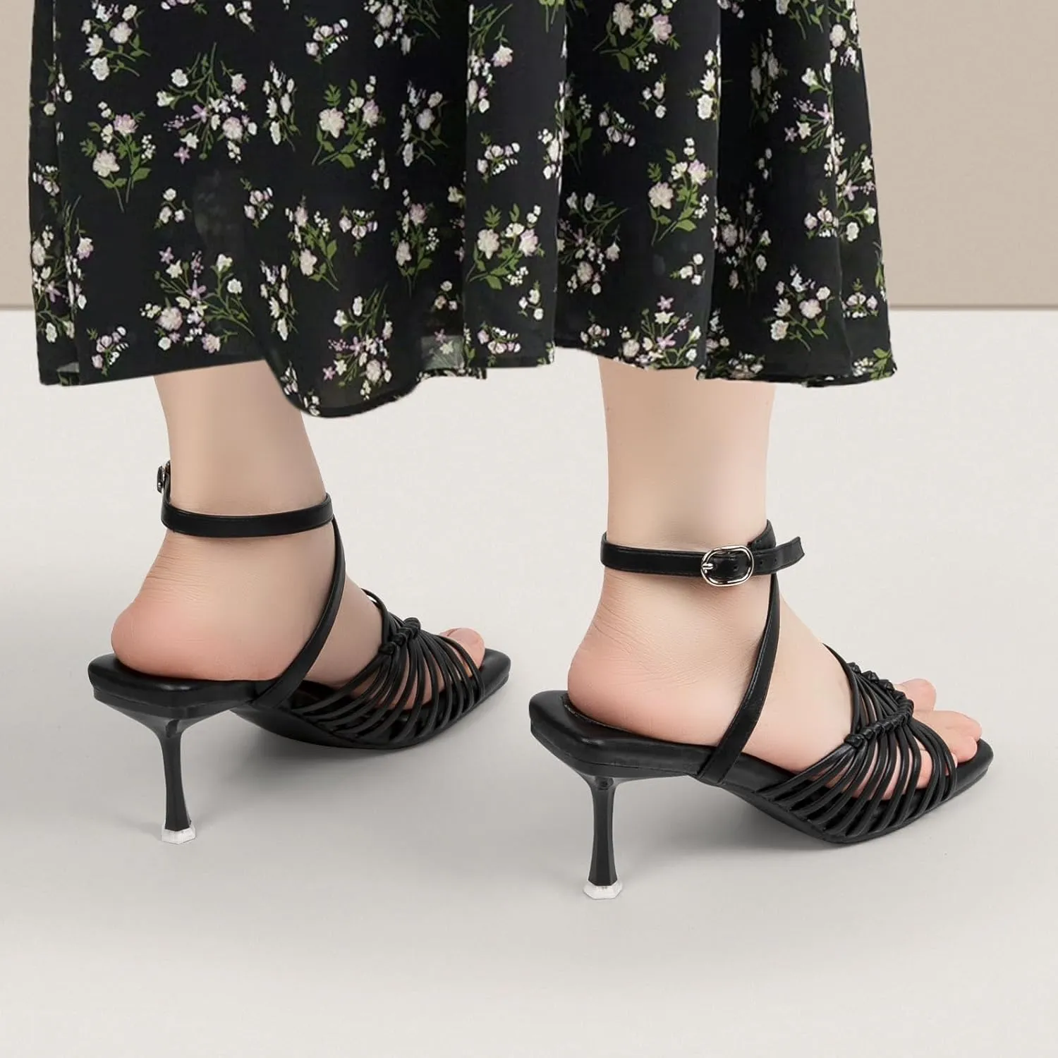 Zelaprox Women's Kitten Heels Square Open Toe Ankle Adjustable Strap Sandals Strappy High Heel Lace Up Sexy Fashion Comfortable Cushioned Shoes Dress Party Wedding Pumps