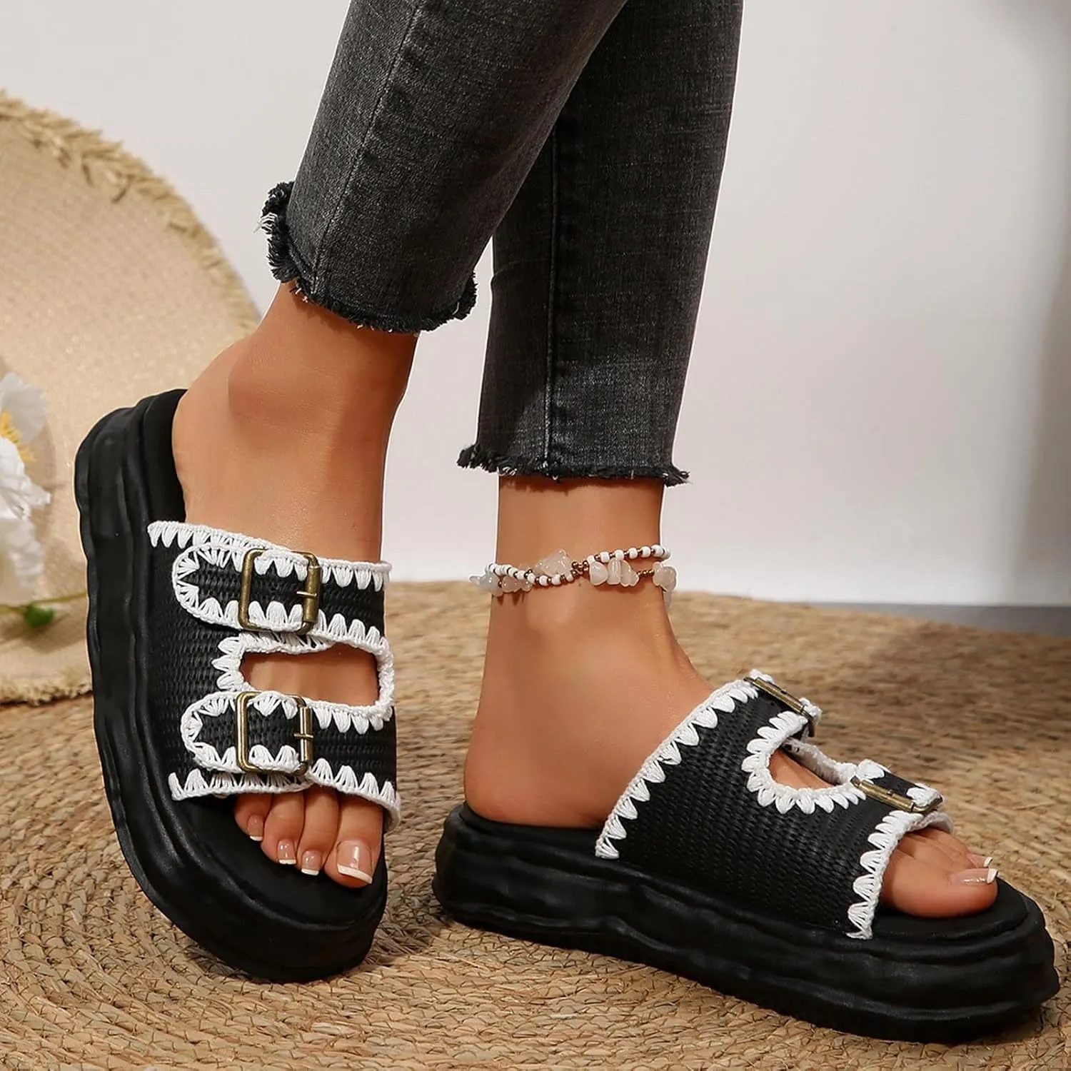 ZSpzx Platform Sandals for Women 2025,Women's Round Toe Two Adjustable Strap Slippers Ladies Cushioned Footbed Soft Memory Foam Recovery Mules Arch Support Shoes for Daily Wear Outdoor Indoor
